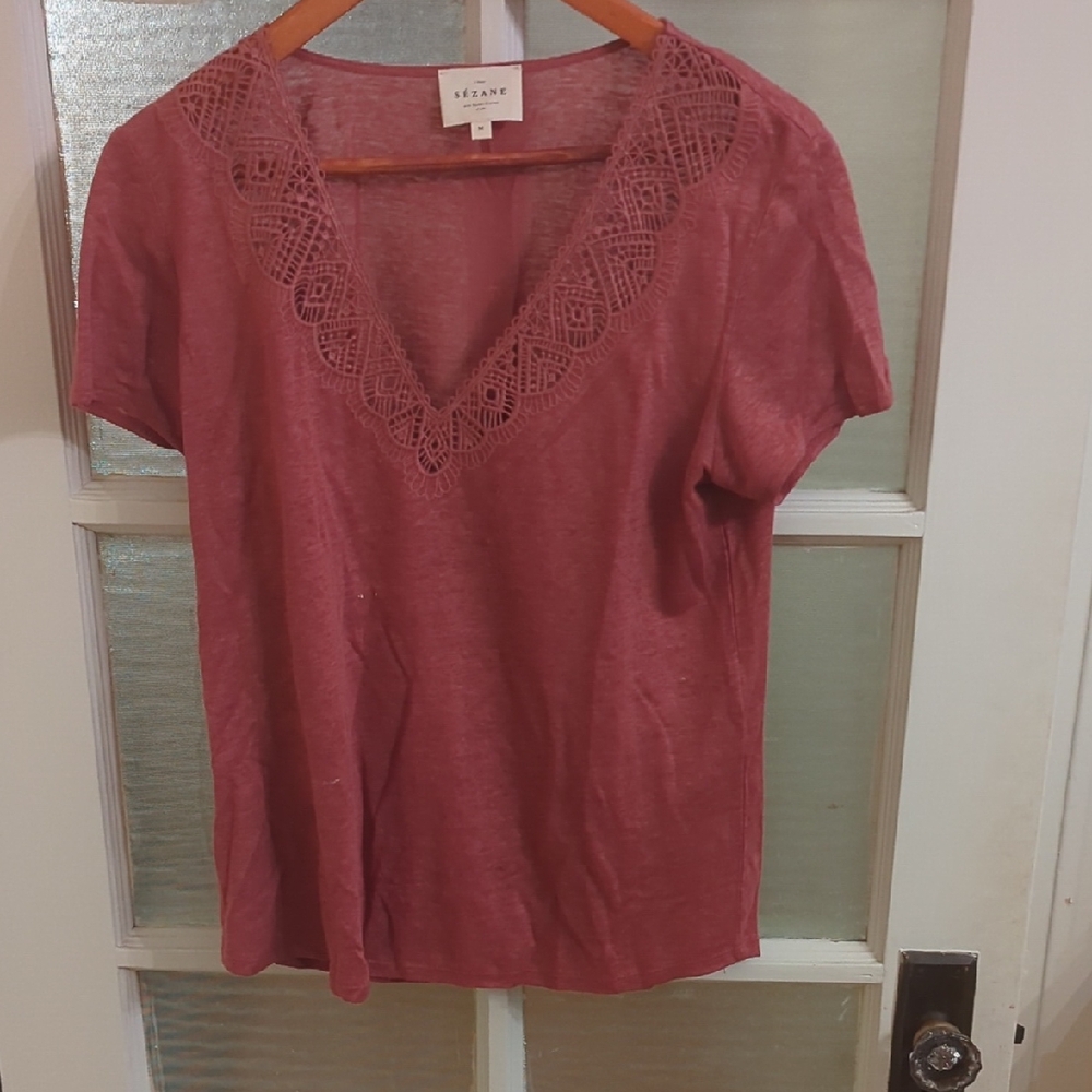 Sezane Dusty Rose Lace V-Neck Blouse